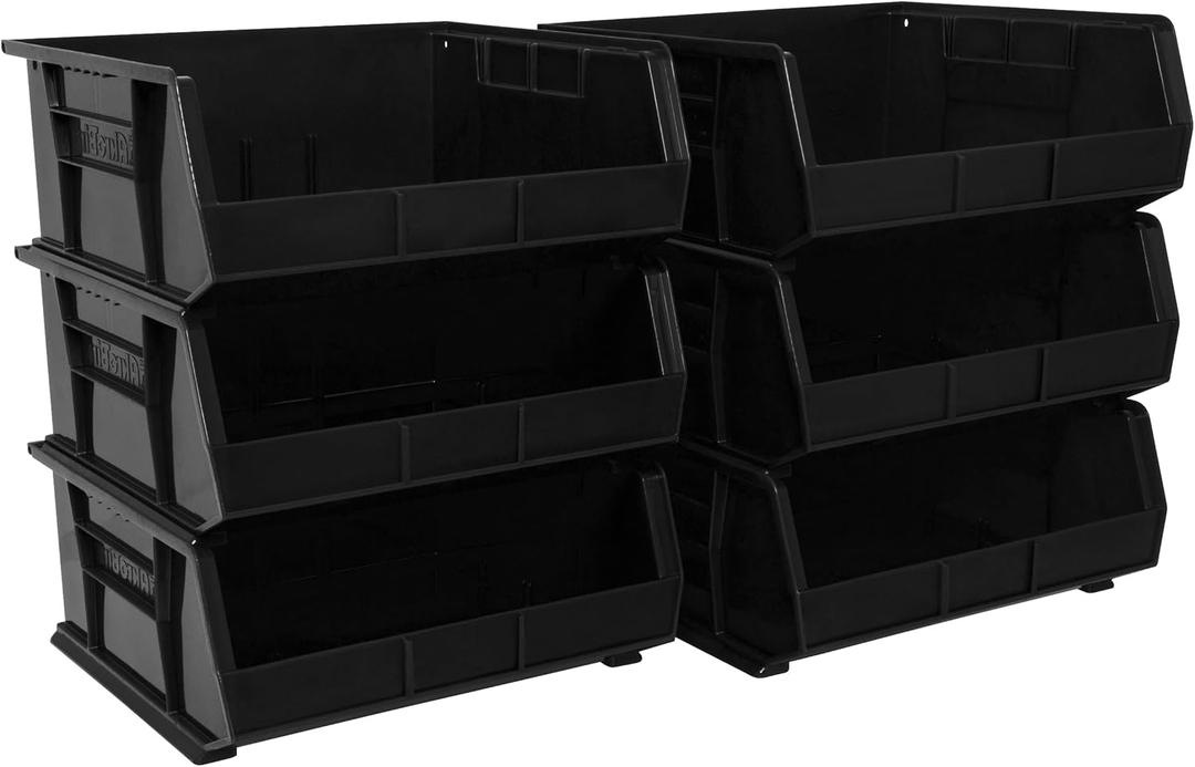 Akro-Mils 30250 AkroBins Plastic Storage Bins, Space-Saving Stackable Bins for Garage, Pantry, Craft Organization, 15" x 16" x 7", Black, 6-Pack