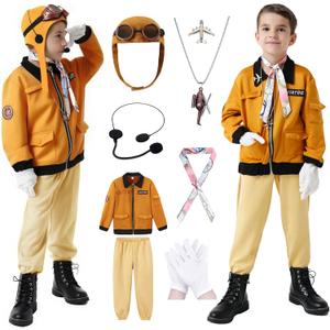Akokvlar 9 Pcs Kids Pilot Aviator Costume Earhart Historical Costume for Girls Boys (9-10 Years, Brown)