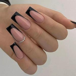 MERVF Long Press on Nails Square Fake Nails Black French Tip Glue ons Rhinestones Design Acrylic Squoval Nail Supplies Art DIY for Women Glossy 24pcs