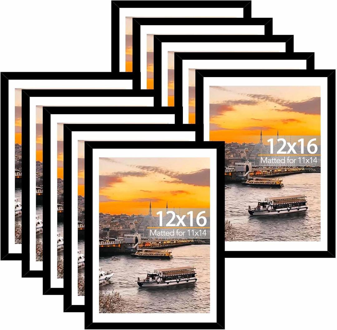 JCJMY 10 Pack 12x16 Picture Frame with 11x14 Mat, Display 11x14 with Mat or 12x16 Without Mat, 12 by 16 Frames Bulk Set of 10 Collage Gallery Wall Decor Photo Frames Set for Wall, Black