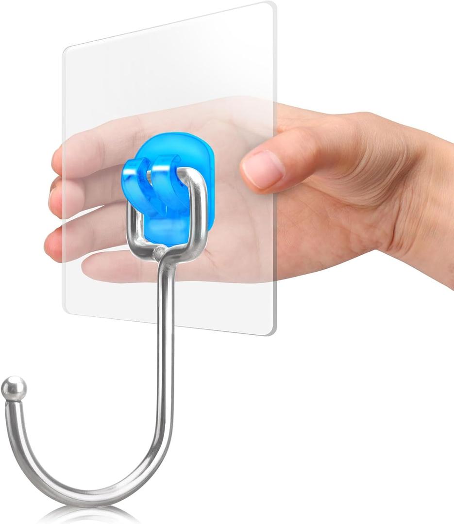 Antimbee Large Adhesive Hooks for Hanging, 20-Pack Heavy Duty Hooks 37 lb(Max), Adhesive Wall Hanger fit Home, Bathroom, Kitchen, Office and Outdoor (Transparent Blue)