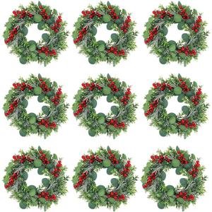 8 Pcs Mini Wreaths for Kitchen Cabinets 10 Inch Christmas Candle Rings Wreath with Artificial Red Berries Eucalyptus Leaf Table Centerpiece Decor for Front Door Wall Chairs Stairs Windows