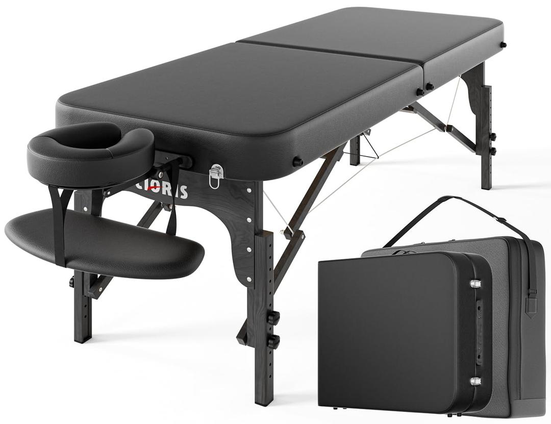 CLORIS 84" Professional Massage Table Portable Reinforced Wooden Leg 2 Folding Lightweight Spa Salon Tattoo Massage Bed Height Adjustable Hold Up to 1100LBS with Carrying Bag Black