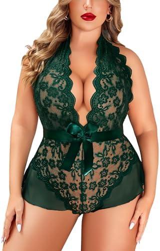 Avidlove Plus Size Lingerie for Women Deep V Neck Teddy Lingerie Halter Lace Bodysuit Nightgown, Size 18W