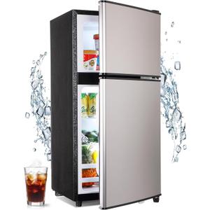 Mini Fridge with Freezer 3.2 Cu. Ft. Small Refrigerator with Freezer, 2 Door Dorm Fridge with Adjustable Thermostat & Shelves, Small Fridge for Apartment, College Dorm, Office, RV, Home, Silver