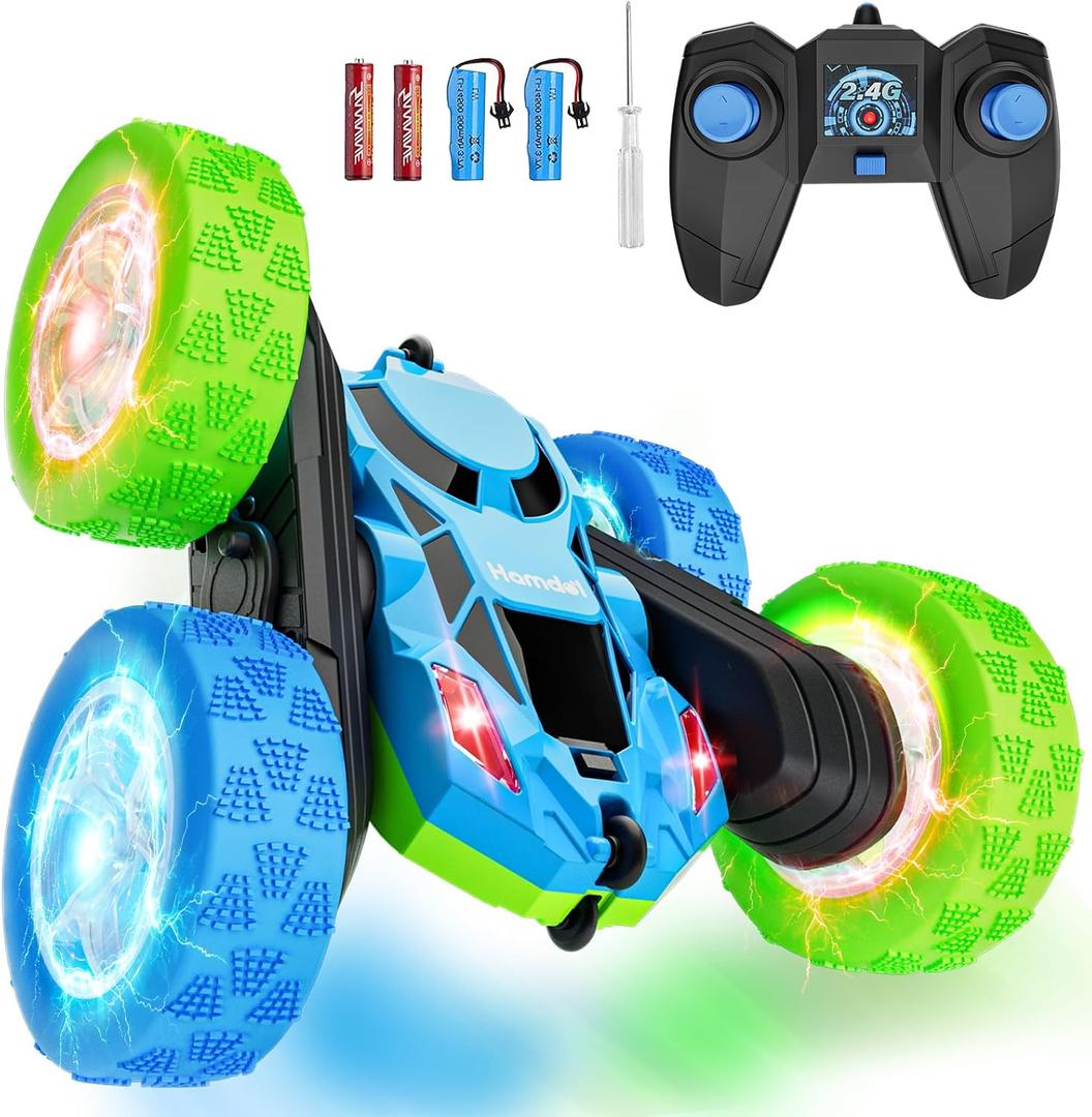 Remote Control Car for Kids RC Stunt Cars with Cool Wheel Lights 360 Rotating Boys Toys for Ages 6 7 8 9 10-12 Kids Gift Ideal(Blue&Green)