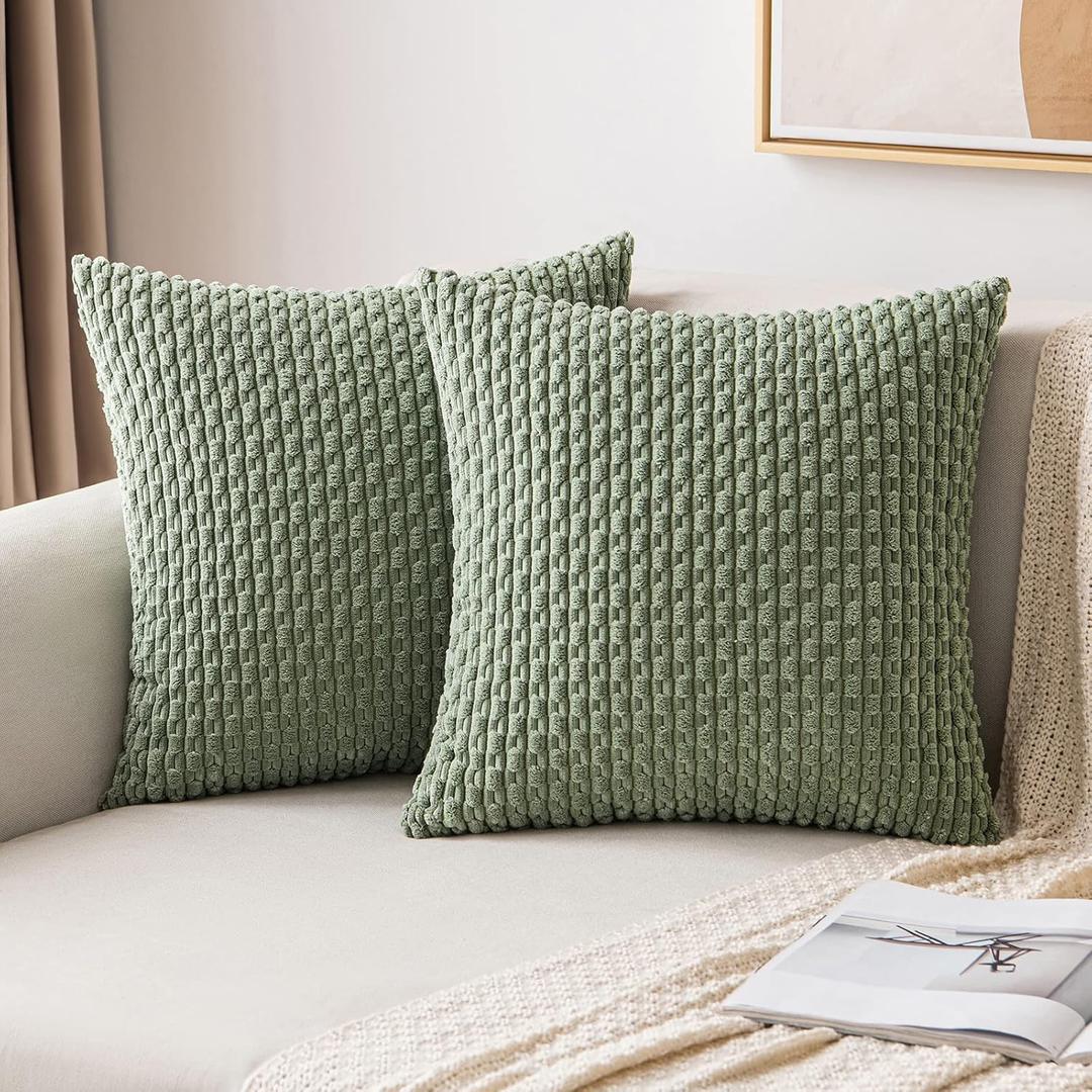 MIULEE Throw Pillow Covers Soft Corduroy Decorative Set of 2 Boho Striped Pillow Covers Pillowcases Farmhouse Home Decor for Couch Bed Sofa Living Room Spring 22x22 Inch Sage Green (22" x 22" (Pack of 2))