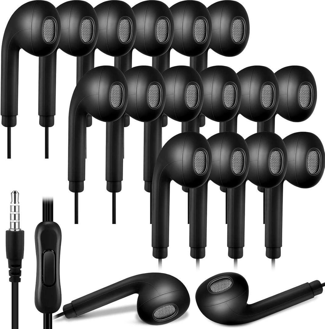 Xinnun 50 Pack Bulk Earbud Headphones with Mic Student in Ear Earbuds Classroom Wired Ear Buds with 3.5mm Headphone Plug for Adults School Library Museum Travel Plane Tablet(Simple,Black)