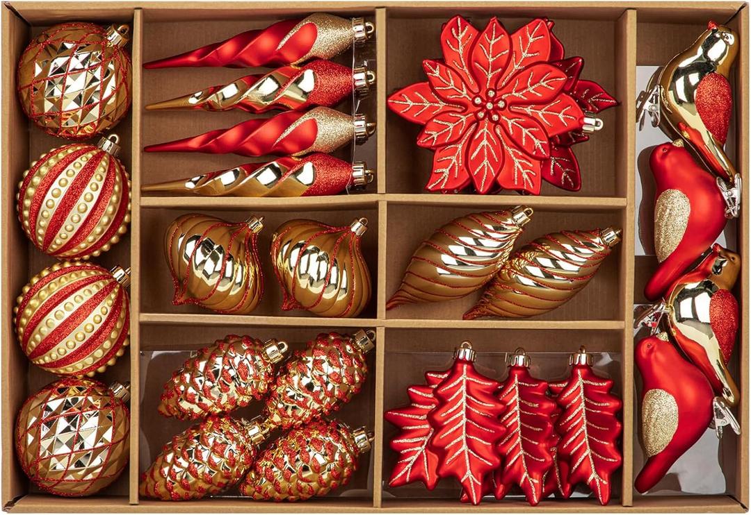 Briful 30ct Christmas Ornaments Set: Red Gold Assorted Flowers Leaf Birds Icicle Pine Cone Christmas Ball Baubles for Xmas Birthday Winter Holiday Wedding