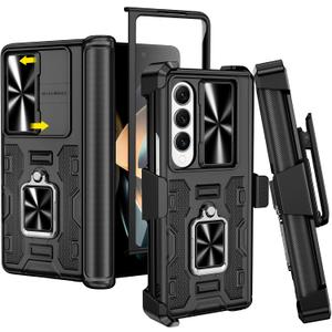 VEGO for Galaxy Z Fold 4 Case with Belt Clip Holster, 360Ring Magnetic Kickstand & Camera Cover & Front Screen Protector, Hinge Protection Shockproof Armor Cover - Black