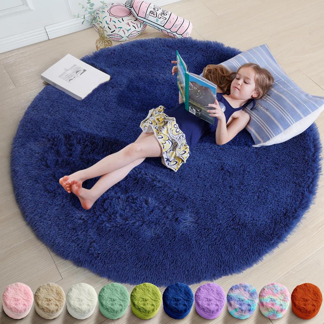 Amdrebio Navy Blue Small Round Rug 3Ft for Boys Room Bedroom, Circle Area Rugs for Kids Room, Living Room Decor Aesthetic, Fluffy Shag Fur Throw Royal Dark Blue Carpet for Dorm Playroom Baby Nursery
