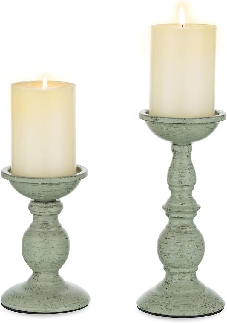 Sziqiqi Retro Iron Candle Holder Vintage Pillar Candles Holders for Table Centerpiece Wedding Birthday Candlelight Dinner Decorative Light Home Dcor 2pcs (Sage)