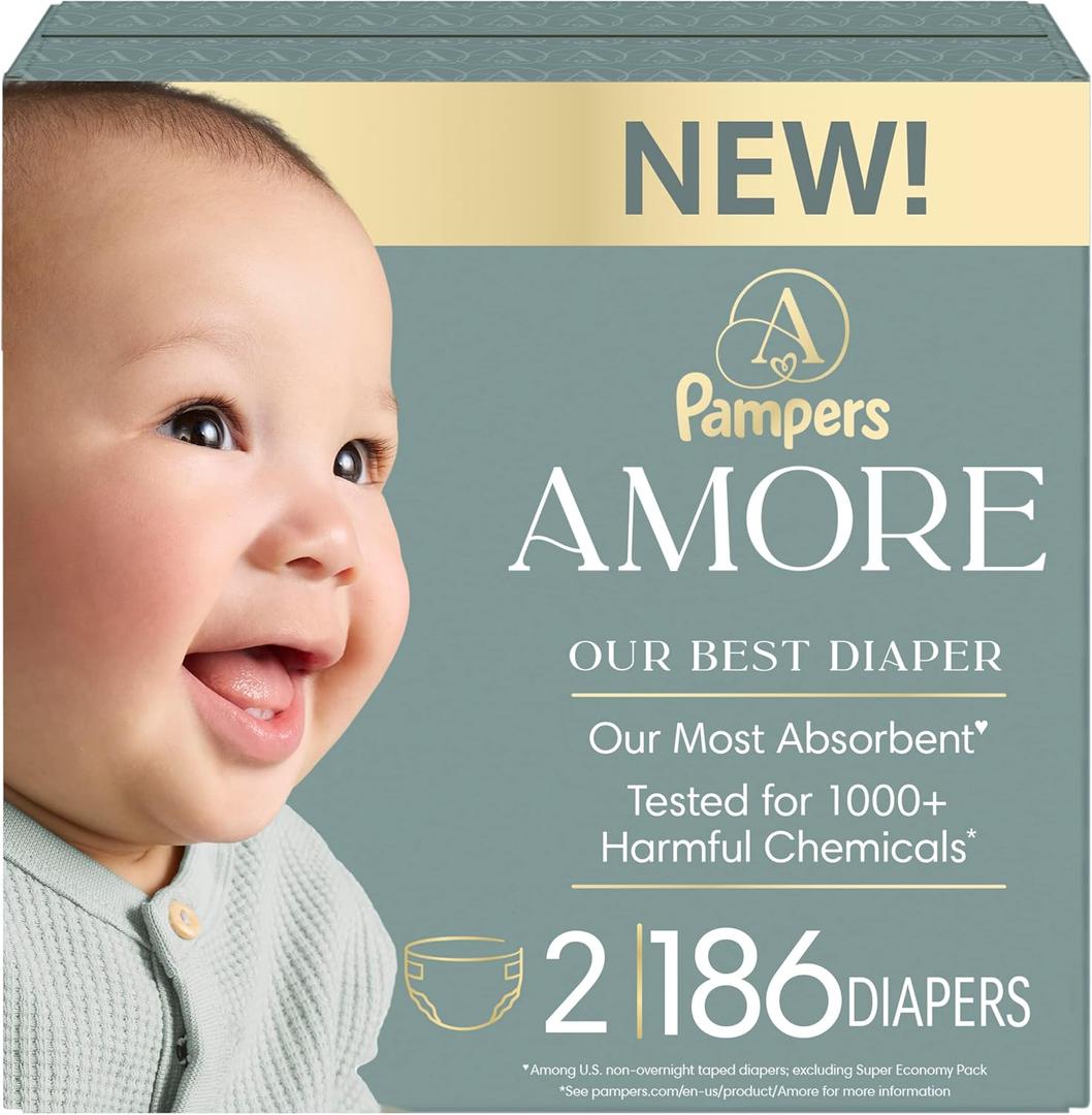 Pampers Amore, Size 2 (10-22 lbs), 186 Count, Our Best Diaper Hypoallergenic & Fragrance Free, Up to 100% Leakproof, Soft as Cashmere
