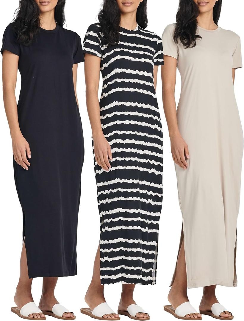 Real Essentials 3 Pack Womens Casual Short Sleeve Maxi T-Shirt Dress with Slit (XL)