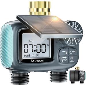 2 Zone Solar Water Timer, Hose Timer with Solar Charging, Sprinkler Timers for Garden Hose with Auto/Manual/Rain Delay Modes, Digital Drip Irrigation System for Lawn/Patio/Garden