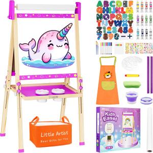 Easel for Kids Toys,Toddler Art Easel with Art Supplies, Height Adjustable Double-Sided Magnetic Dry Eraser Whiteboard and Chalk Board with Paper Roll,4 5 6 7 8 9 10 Year Old Girl Birthday Gifts, 20.66 inches