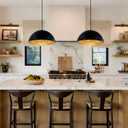 15Inch Kitchen Island Pendant Light-Matte Black with Gold Leaf Interior, Dome Chandelier for Dining Table, Bar, Cafe