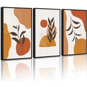 KUVIOKE Orange Boho Framed Wall Art Botanical Mid Century Modern Painting Neutral Bohemain Sage Decor for Farmhouse Living Dining Room 11x14in (Black Framed) (14L" x 11W" x 3 Panels Black)