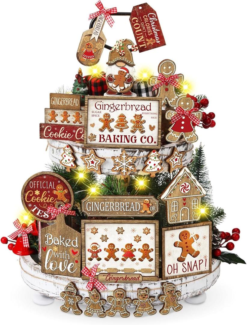Shellwei 24 Pcs Christmas Tiered Tray Decor Set Wood Rustic Gingerbread Christmas Decoration Winter Farmhouse Decor Xmas Trees Gnome Elk Snowflake Signs for Table Shelf Home Centerpiece (Cute)