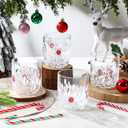 4 Pcs Christmas Icon Glass Cups 12 oz Candy Cane Drinking Glassware Wine Stemless Double Old Fashioned Blown Cocktail Cups for Women Friends Lovely Christmas Gifts