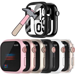 HANKN 6 Pack Hard PC Case for Apple Watch Series 11 10 46mm Tempered Glass Screen Protector Case, Full Protective Cover Iwatch Bumper Shockproof (Pink+Rose Gold+Starlight+Black+White+Clear, 46mm)