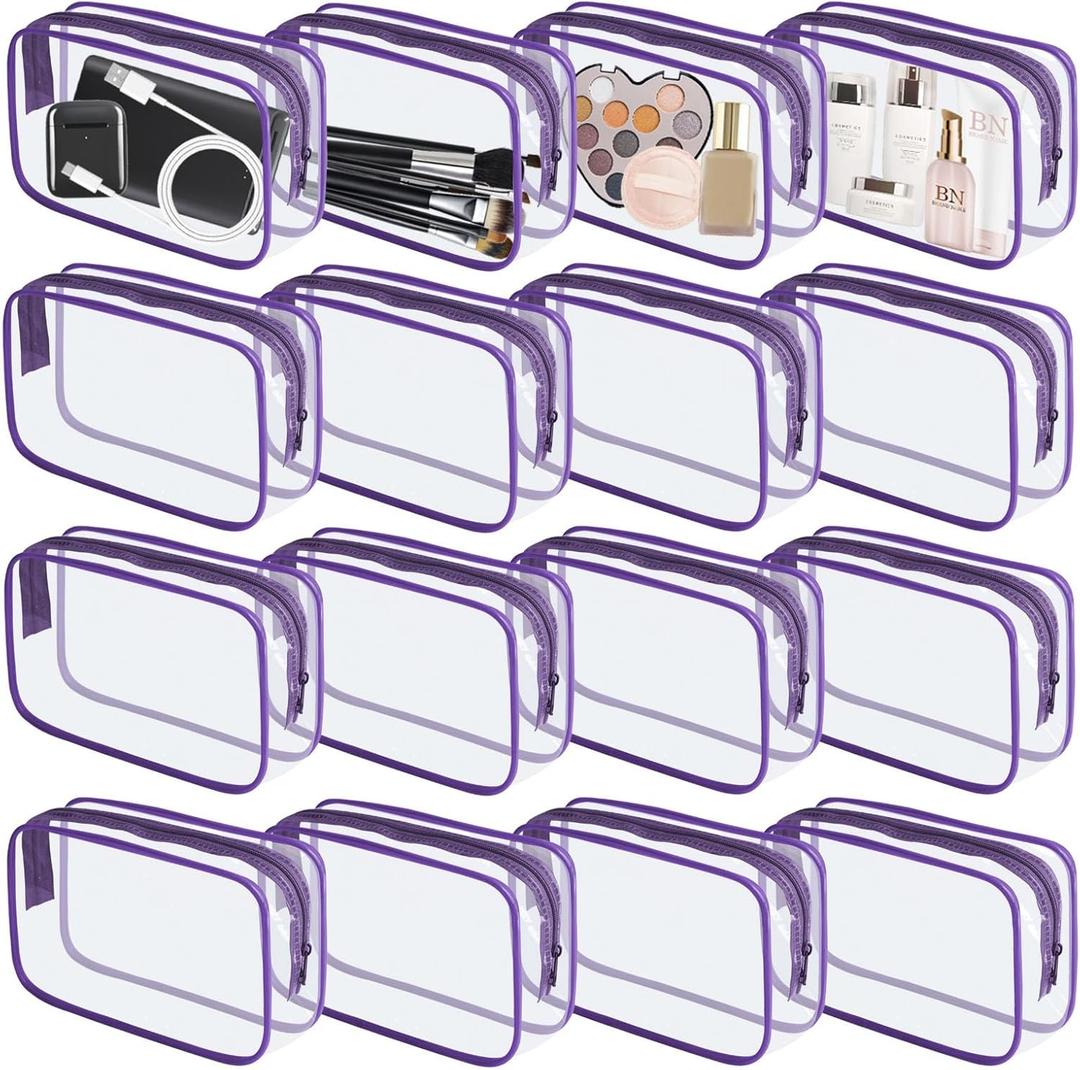 YedsIntu 16 Pieces Clear Makeup Bag PVC Zippered Clear Toiletry Carry Pouch Portable Cosmetics Bag Waterproof Makeup Bag Vinyl Plastic Organizer Case for Travel Vacation Bathroom (Purple-M)