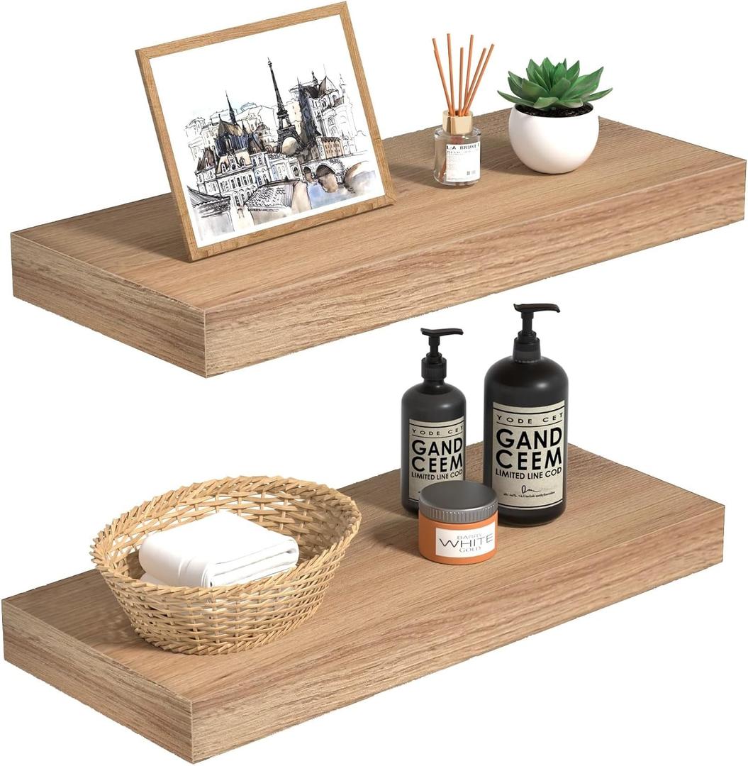 INHABIT UNION Oak Floating Shelves Wood for Wall 15.7in Wall Mounted Display Ledge Shelves Perfect for Bedroom, Bathroom, Living Room and Kitchen Decoration Storage (Set of 2)