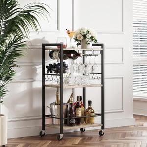 TUTOTAK Bar Cart, Home Bar Serving Cart, Small Wine Cart with 3Tier Shelf, Beverage cart, Drink Cart with Wine Rack and Glass Holder, Rolling bar carts for The Home, Living Room, Greige BC01BG035