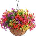 Rowfad 36 Bundles Artificial Flowers Outdoors UV Resistant Fake Plastic Spring Mum Flowers Colorful Silk Plants for Outside Porch Window Patio Home Decor(36, Red, Purple, Yellow, Rose Red)
