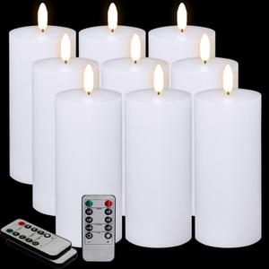 9 Pcs White Flameless Candles Flat Top LED Candles with Remote Timer, Pillar Flameless Candle Bulk Flickering Battery Operated Candle for Wedding Festival Outdoor Home Decor D 3'' H 6''