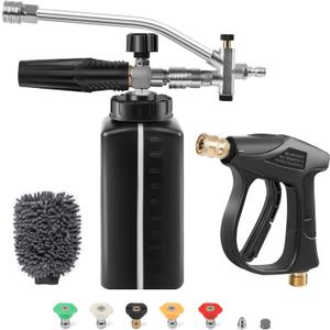 Foam Cannon for Pressure Washers with Dual Connector Accessories, 5 Nozzles, 1/4 Quick Connect, 1L Bottle & Snow Foam Lance, Car Wash Mitt & Lathering Net