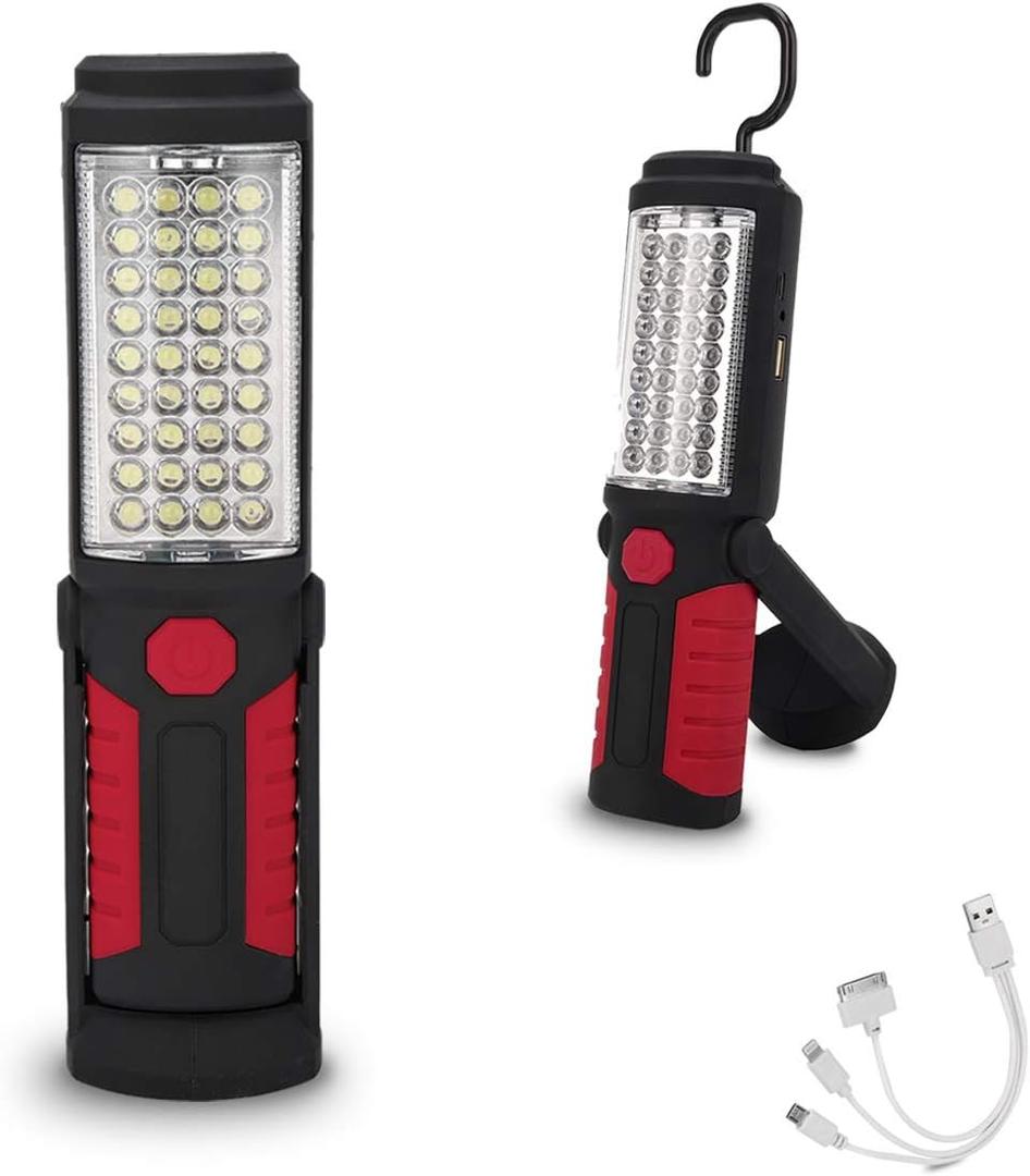 Rechargeable Work Light Portable LED Multi-use Magnetic Flashlight with Hanging Hook, Waterproof Work Flashlight for Car Repair Household Blackout and Emergency(Red)
