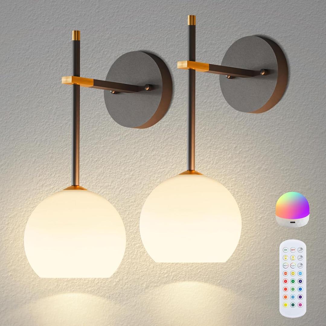 Black and Gold Battery Operated Wall Sconces Set of 2, Wireless Rechargeable Wall Light Fixtures for Home Decor, 12 RGB and 3CCT Dimmable Wall Lamps with Remote for Bedroom Living Room Hallway