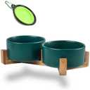 Petygooing Dog Bowls,Green Ceramic Cat Dog Bowl Set with Stand for Food and Water Feeder,Non-Slip Cute Modern Pet Dishes for Cats Small Size Dogs Puppy (13.5OZ/5.1 in)