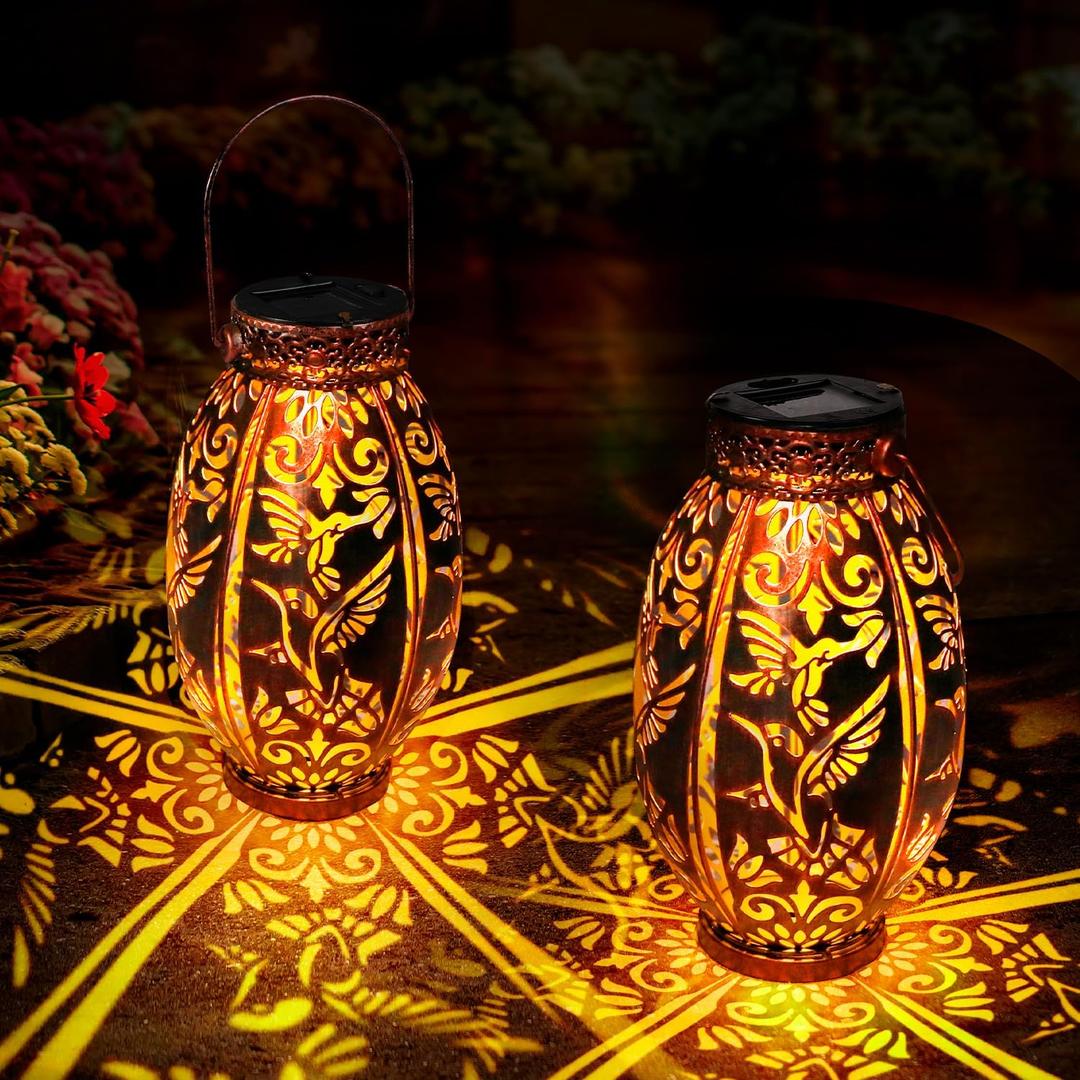 Solar Lanterns Outdoor Waterproof Hummingbird Garden Decor Gifts for Women Mom Grandma Hanging Solar Lights Metal Lantern Decoration Outside for Yard, Patio, Backyard, Porch(2 Pack)