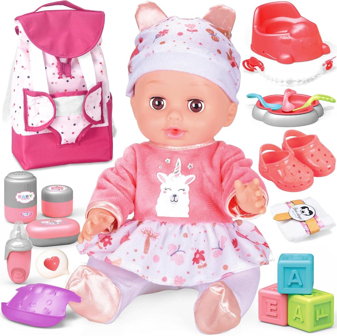 SMILESSKIDDO Baby Doll with Backpack Carrier, 14'' Realistic Dolls with Accessories, Includes Feeding Playset, Baby Care Set, Toddler Pretend Play Babydoll Toys for 1 2 3+ Year Old Kids Girls
