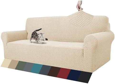 ZNSAYOTX 1 Piece Jacquard Couch Covers for 3 Cushion Couch Living Room High Stretch Sofa Cover Pets Dogs Friendly Anti Slip Thickened Slipcovers Furniture Protector (Sofa, Light Biege)