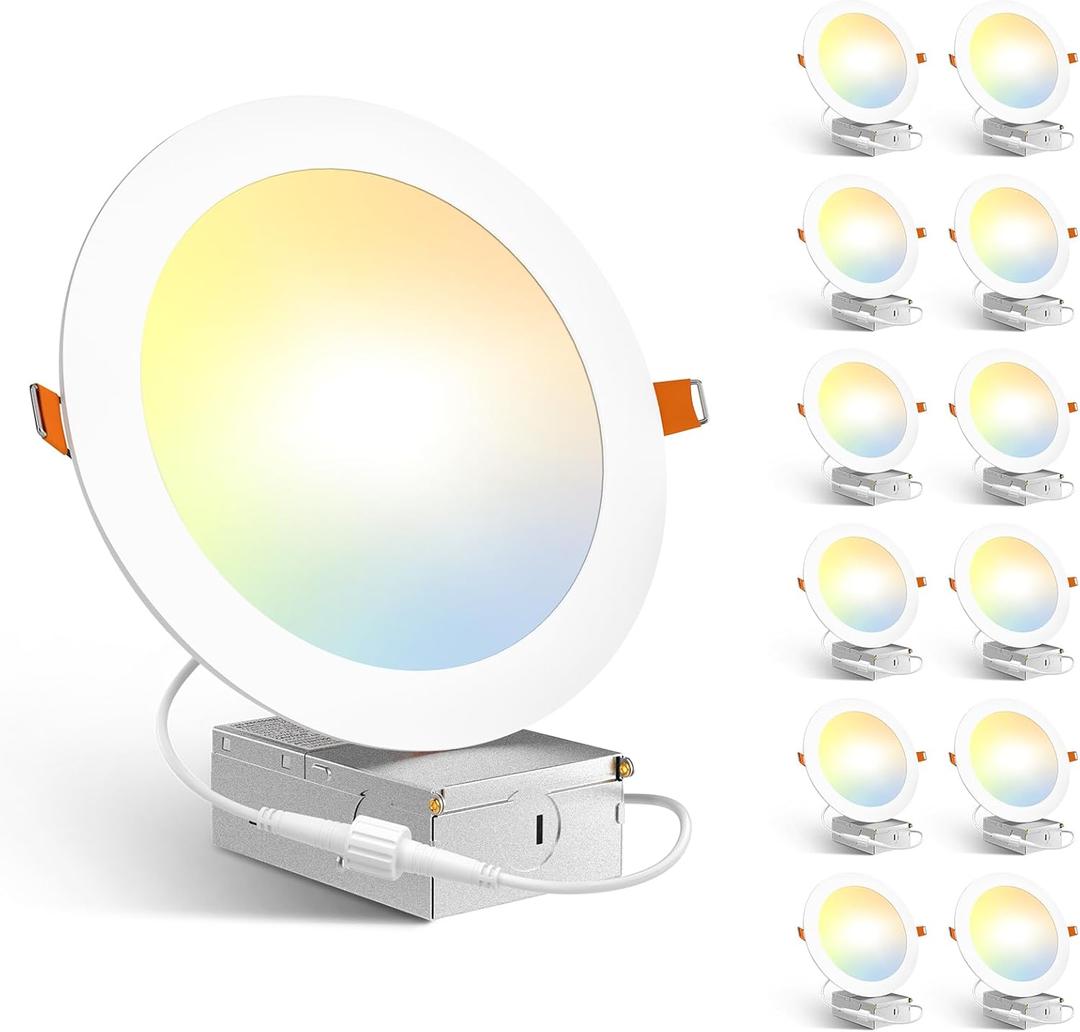 Amico 12 Pack 7 Inch 5CCT Ultra-Thin LED Recessed Can/Ceiling Light with Junction Box, 1300LM High Brightness, Dimmable Wafer Downlight, 15W, ETL&FCC