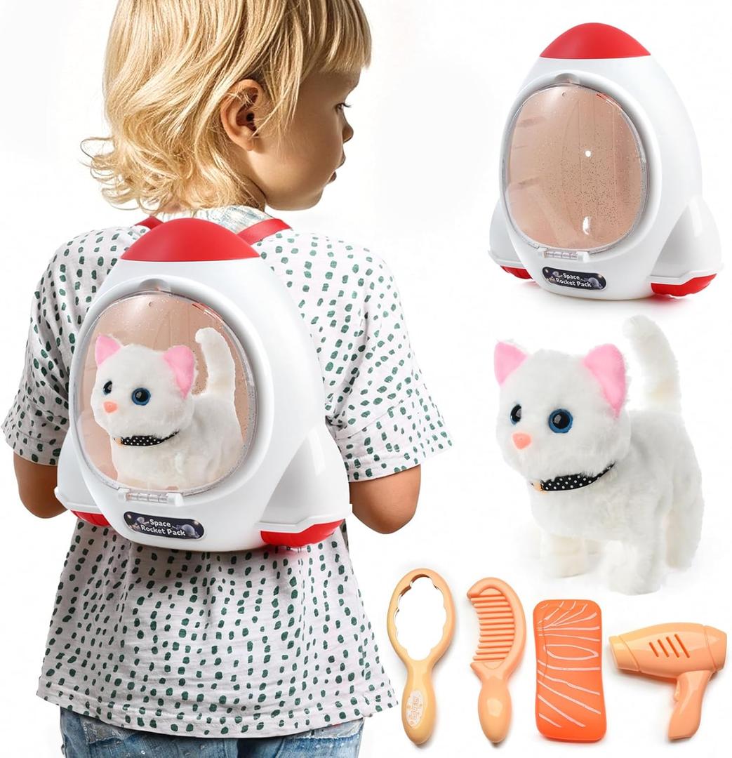 WorWoder Electronic Interactive Plush Cat- Battery Operated Mechanical Walking Little Pet Kitten with a Cute Bag, Meow Tail Wagging, Stretching Companion Animal for Toddlers & Kids