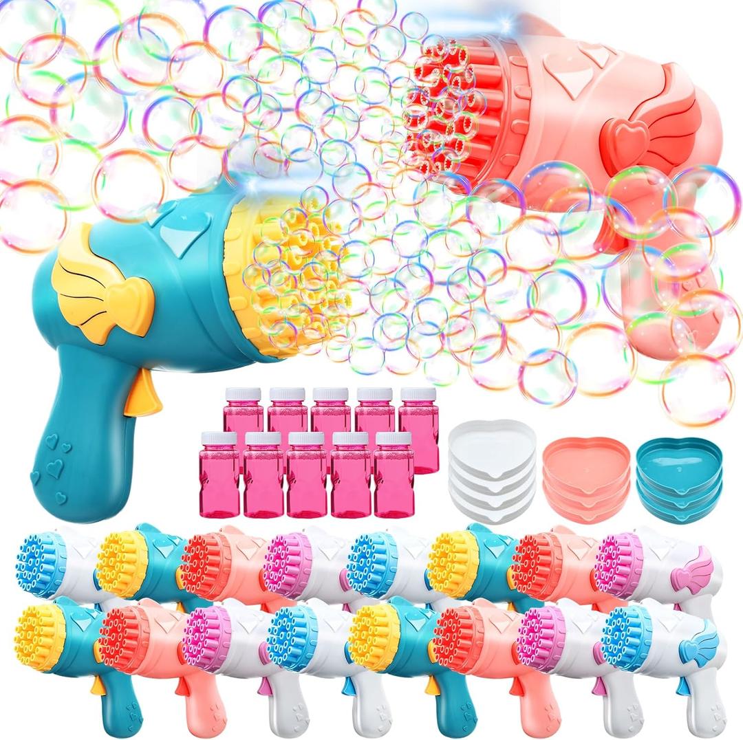 Pack of 10 Bubble Gun Bulk Kit with Lights and Bubble Solution for Kids 26 Holes Summer Toy Gift for Outdoor Indoor Birthday Wedding Party Adults Kids Toddlers