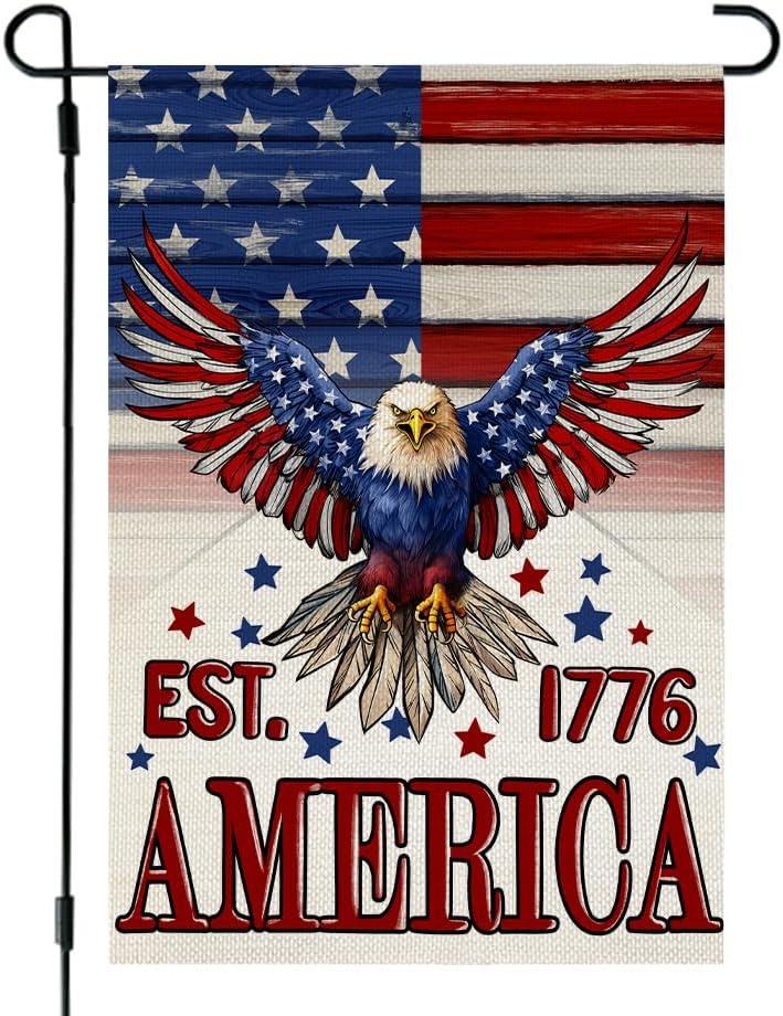 2 x CROWNED BEAUTY 4th of July Garden Flag Patriotic America Double Sided 12x18 Inches Small Burlap Holiday Welcome Yard Porch Decoration for Outside (Beige) CF1833-12