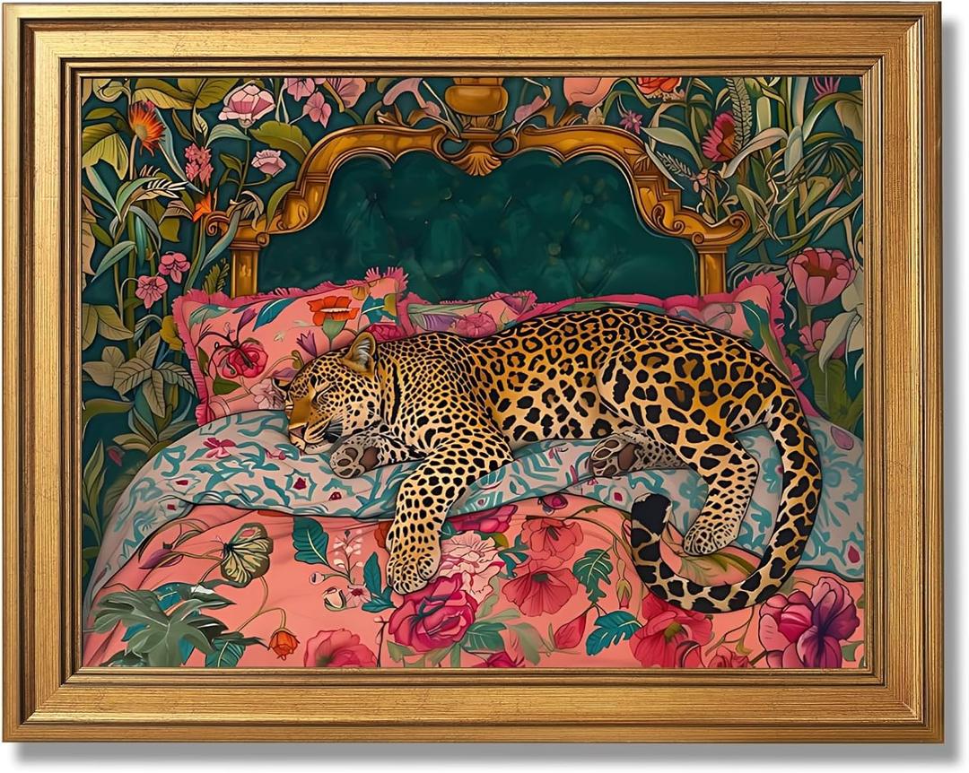 Gold Framed Sleeping Leopard Wall Art Luxury Jungle Colorful Cheetah Animal Poster Retro Maximalist Tropical Floral Pink Dopamine Canvas Print Aesthetic for Bedroom Home Decor 16x24inch