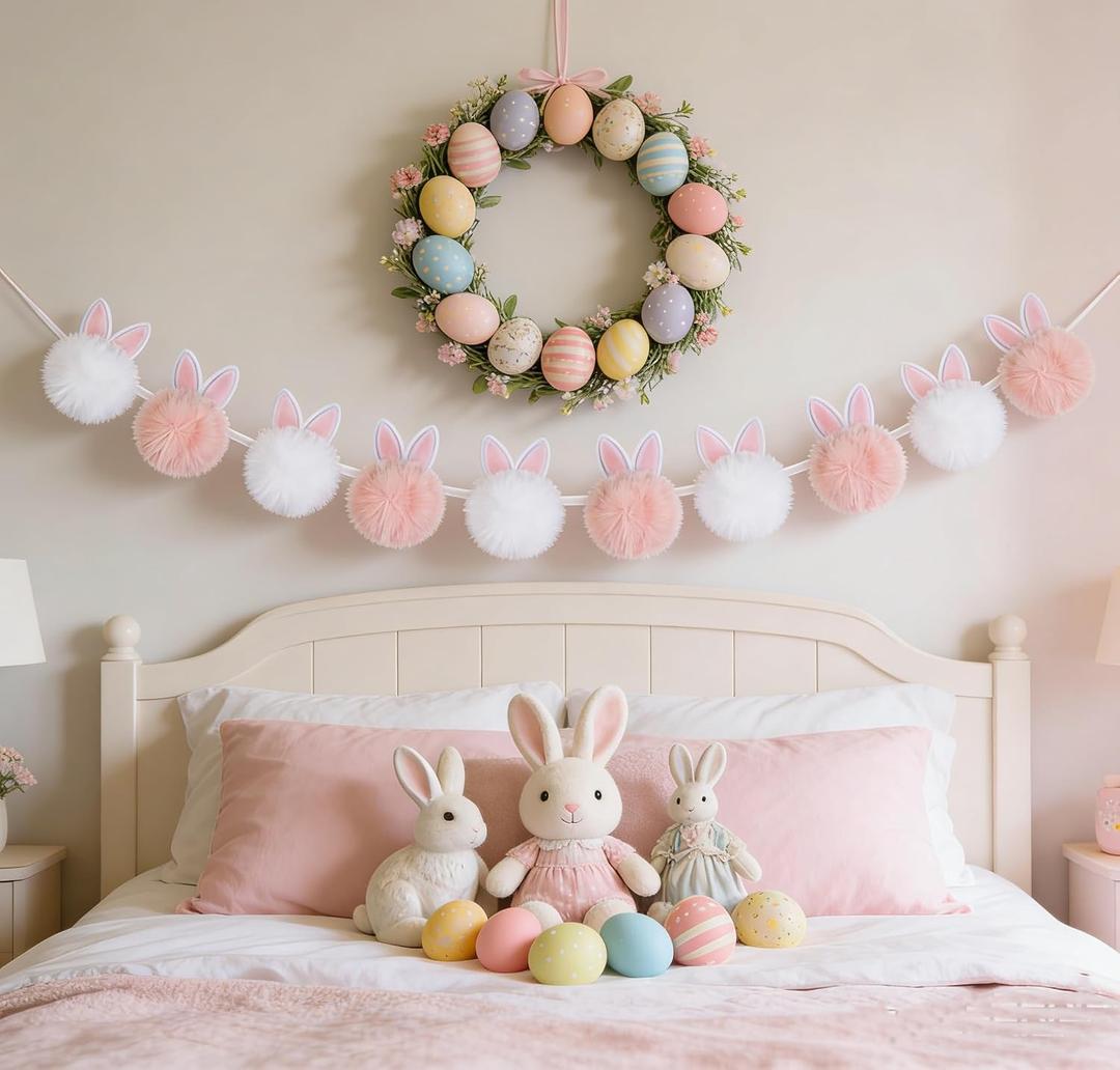 YIYA 8.2ft Easter Bunny Garland Pink and White Easter Bunny Plush Garland with Ears Rabbit Banner for Home Mantel Wall Spring Porch Party