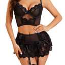 Donnalla Womens Lingerie Set Sexy Outfits Lace V Neck Bra G-String Mesh Mini Skirt Push Up Nightwear, Black(No Stocking) 1XL