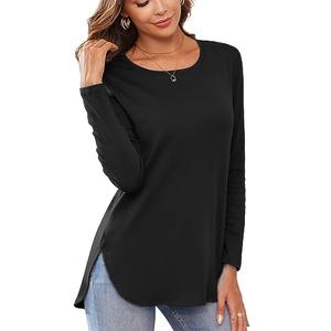 Herou Women Long Sleeve Shirts for Women Petite Cute Crew Neck Soft Side Slit Shirts Black X-Large