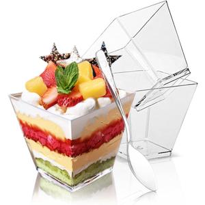 Hiasobre 50 Pack 3.5 oz Plastic Dessert Cups with Spoons, Mini Square Parfait Appetizer Cups, Reusable Small Shooter Cup, Clear Serving Bowls for Tasting Party Samples Dessert Shot Glasses