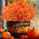 Satefello Artificial Fall Flowers for Outdoors, 10 Bundles Faux Flower UV Resistant Fall Fake Mums Plants for Outside Halloween Christmas Porch Decoration Fall Decor(Orange(Eucalyptus))