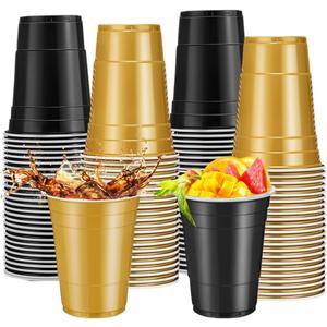 100PCS 16 oz Plastic Graduation Cups for Party - Disposable Black & Gold Cups,Heavy Duty Drinking Cup for Birthday,Wedding, Baby Shower,Festive Celebrations,Barbecues (Black & Gold)