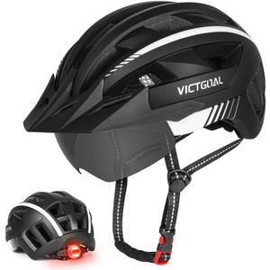 VICTGOAL Bike Helmet for Men Women with Led Light Detachable Magnetic Goggles Removable Sun Visor Mountain & Road Bicycle Helmets Adjustable Size Adult Cycling Helmets (XL: 59-63 cm, Black White)
