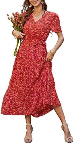 PRETTYGARDEN Women's Summer Floral Boho Maxi Dress Wrap Short Sleeve V Neck Ruffle A-Line Flowy Wedding Guest Long Dresses Size Small, Red Orange 
